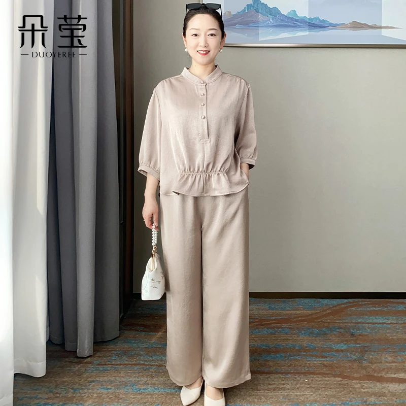 时尚妈妈装洋气七分袖小衫套装夏季新款中年女装上衣裤子LY103
