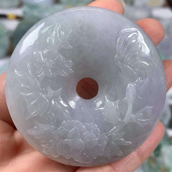 翡翠未镶嵌颈饰花开富贵平安扣两面工艺福利