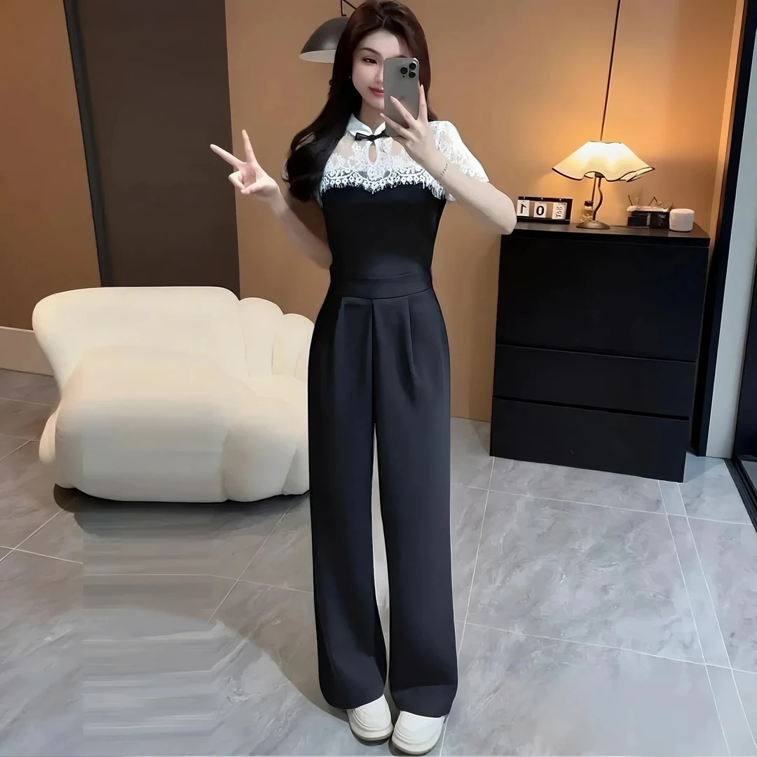 B时尚高级感蕾丝拼接连体裤女夏季新款新中式气质名媛连体衣D3291