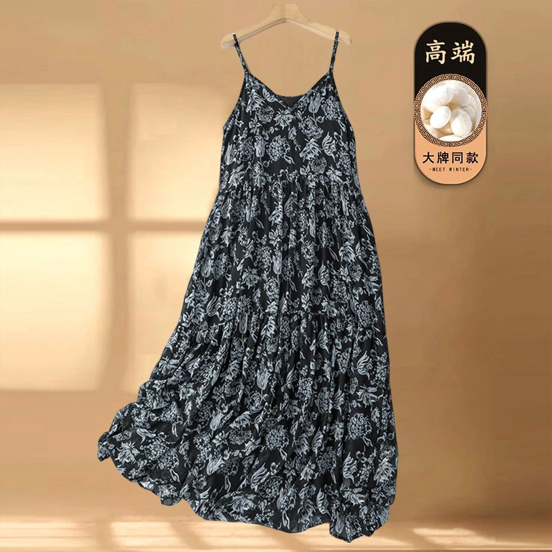 2025夏季时尚新款复古洋气休闲风无袖文艺清新印花吊带亚麻连衣裙