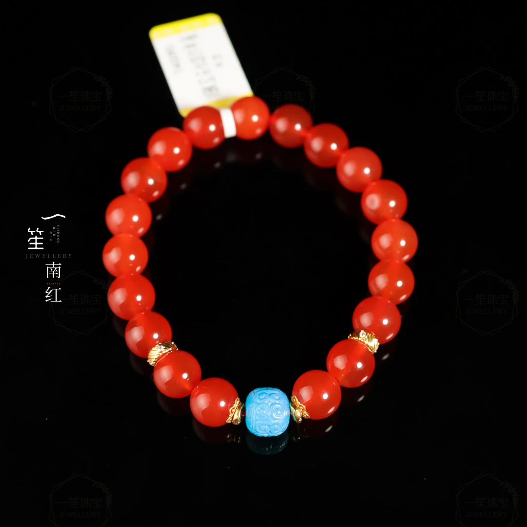 【一笙珠宝】天然南红玛瑙鸽血红圆珠手串18k金镶嵌约9mm YS17670