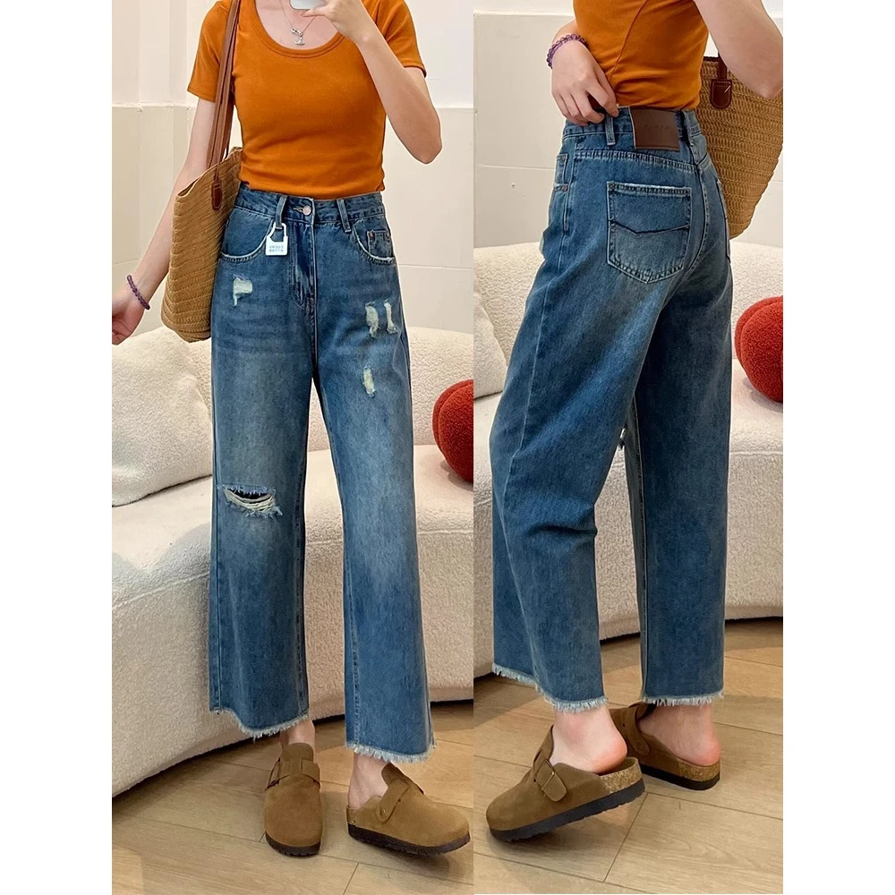 薄款莱赛尔破洞窄版直筒2025新款夏季胖mm梨形身材高腰九分阔腿裤