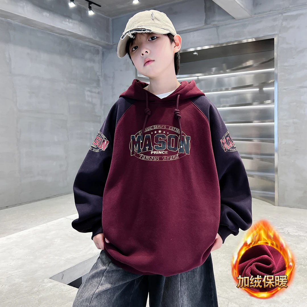 男童冬季加绒卫衣连帽2025新款大儿童拼色插肩袖上衣加厚保暖国潮