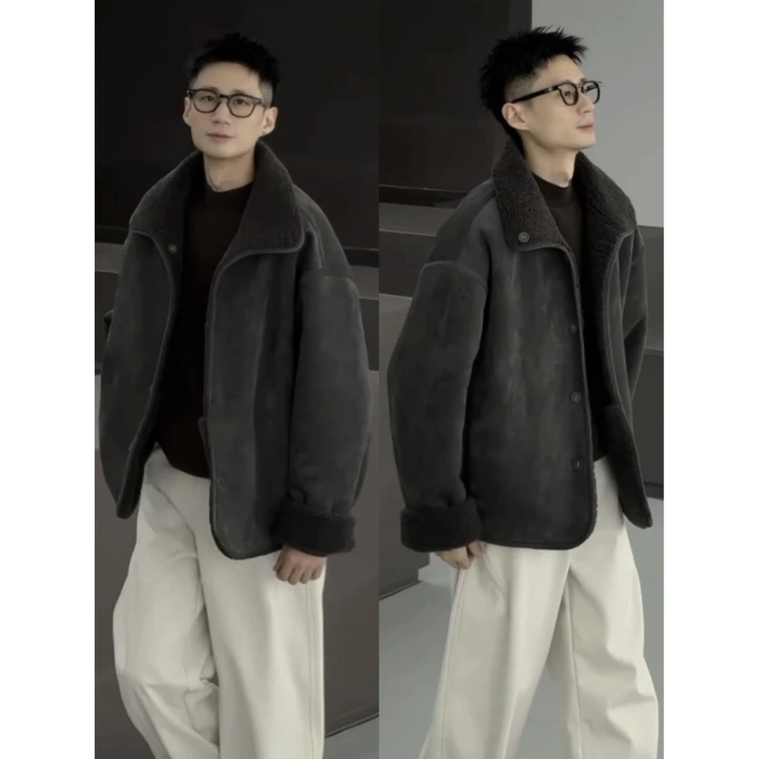 YINZHE灰色皮毛一体麂皮绒加厚棉服男款冬季设计感正反两穿夹克棉