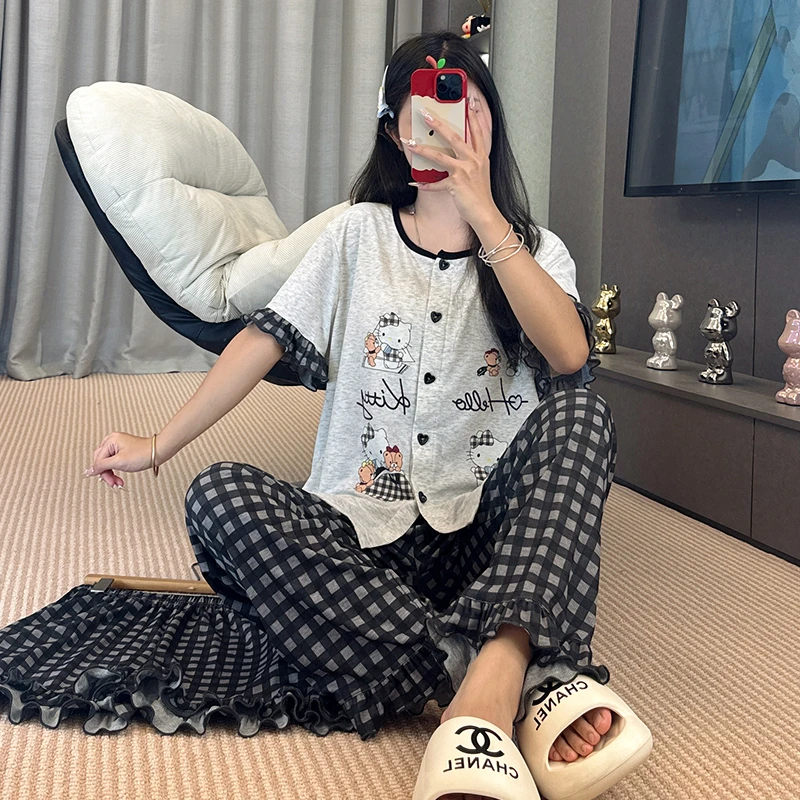 睡衣女夏季新款短袖薄款卡通休闲韩版宽松家居服套装-369（TZ）