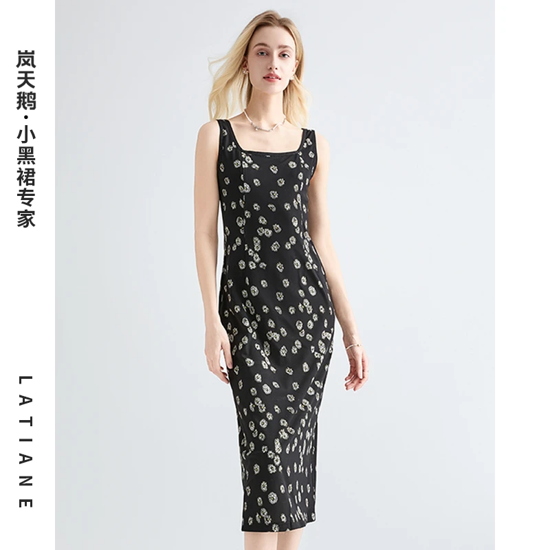 岚天鹅春夏新款时尚休闲显瘦无袖裙子简约夏季气质碎花连衣裙5573