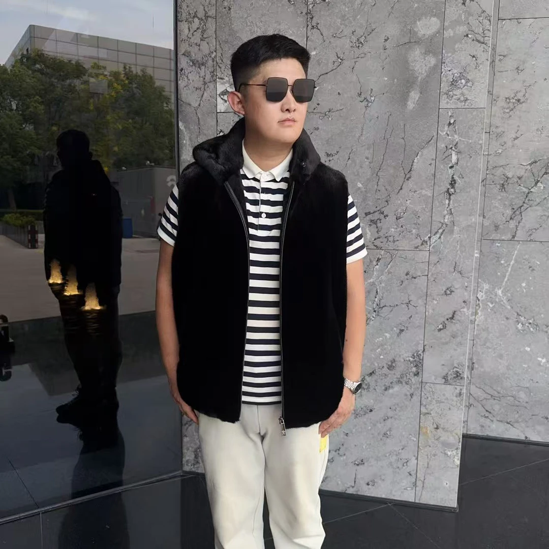 貂锦华黑色水貂拉链连帽男士秋冬外套貂皮男装