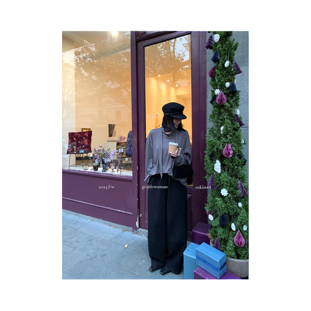 sukiired慵懒风羊毛混纺V领围脖T恤自带可脱卸围巾宽松上衣 .特