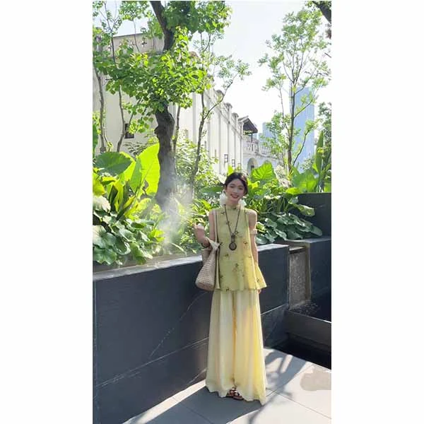 2025夏新中式国风印花旗袍裙小衫上衣阔腿裤两件套装女