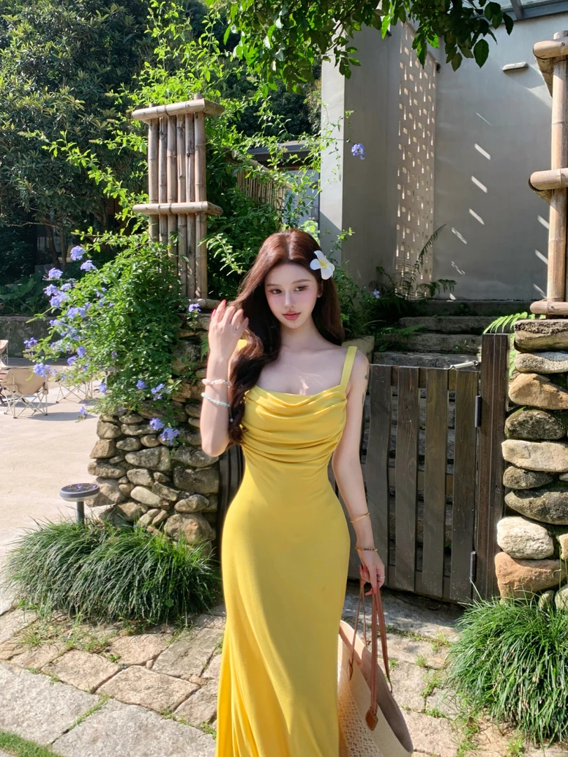 【海岛精灵】夏天bi入版 荡领不走光针织弹力吊带连衣裙女法式长裙