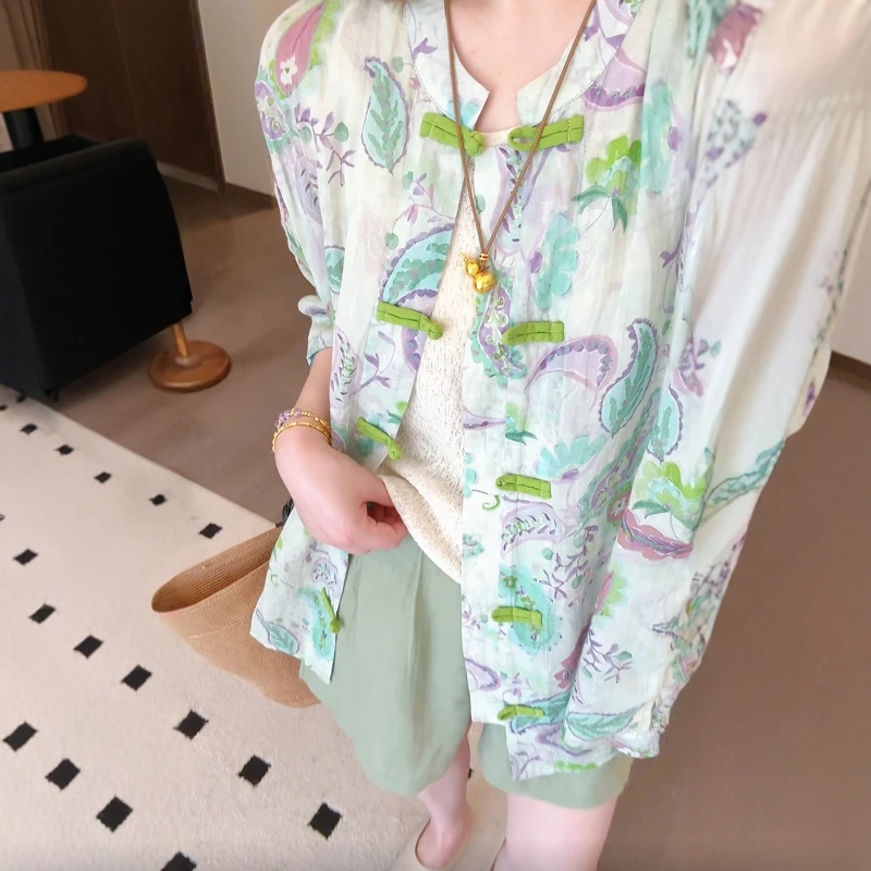 2025独特超好看法式上衣碎花长袖防晒衬衫女夏季外套绿色短裤套装