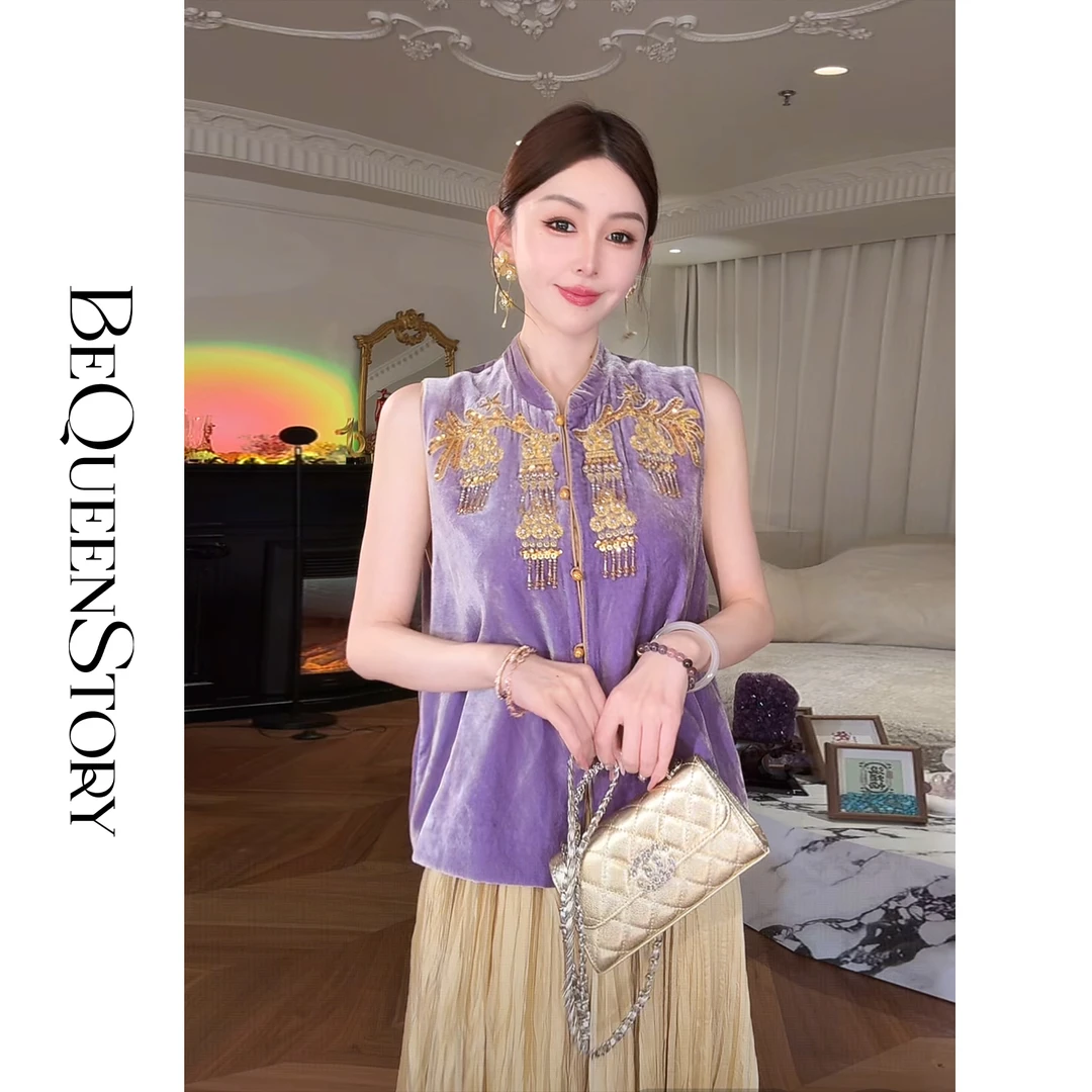 余潇潇【紫气东来】时尚轻奢100桑蚕丝拼接钉珠立领国风马甲早秋
