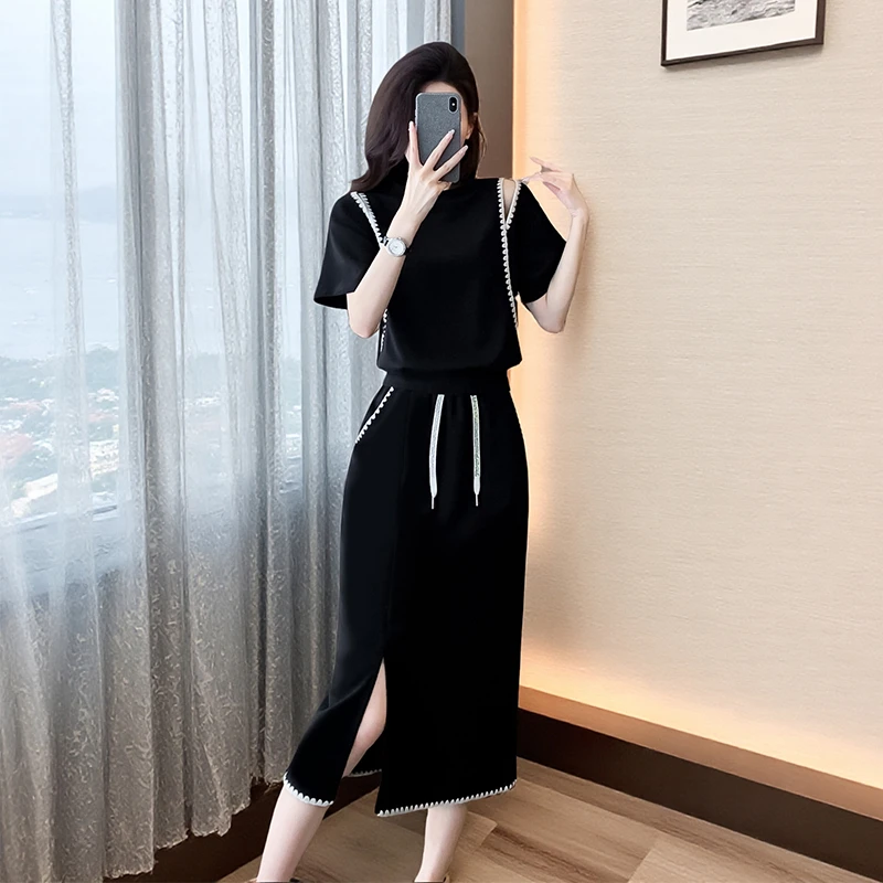 休闲风女套装两件套阔腿裤短袖显瘦气质小个子洋气夏季开叉减龄