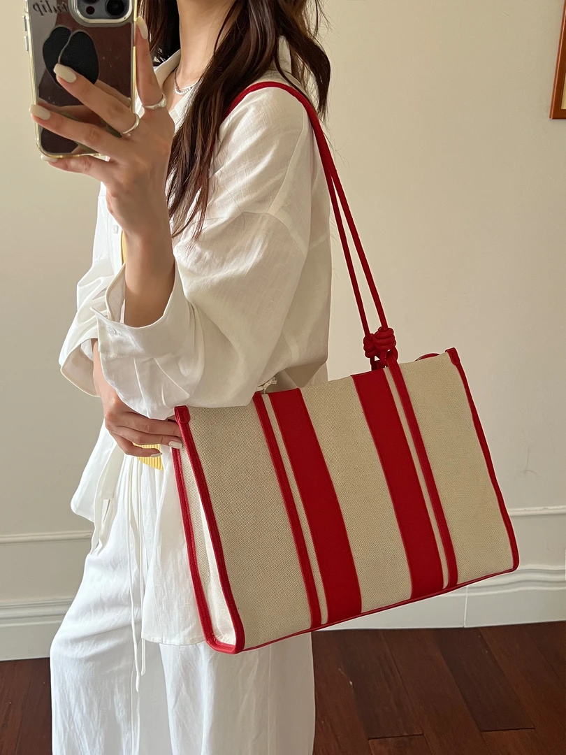 撞色条纹帆布托特包2025新款单肩腋下大包大容量通勤公文包电脑包