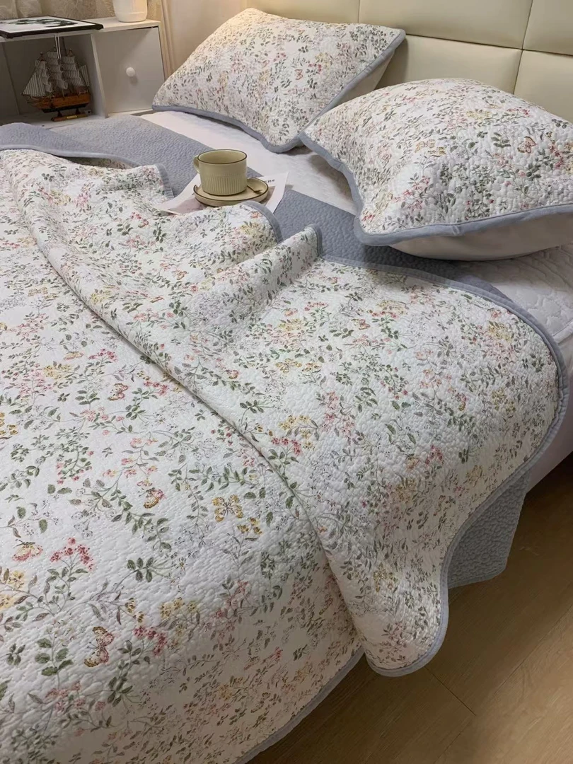 新款全棉+绒床盖夹层棉花高温砂洗230*250cm床盖枕套三件套