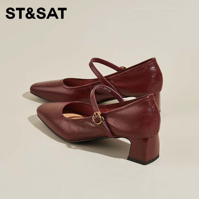 星期六超软小羊皮不累脚红色高跟鞋女气质秋季法式复古玛丽珍单鞋