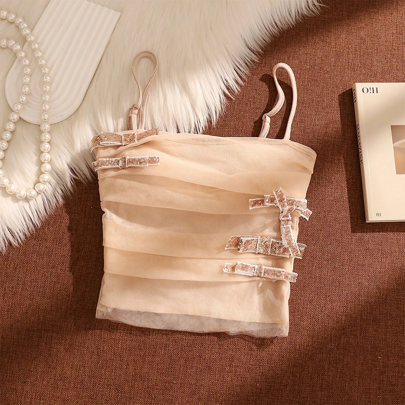 纯欲风蝴蝶结网纱吊带背心女夏季新款设计感褶皱收腰打底抹胸上衣