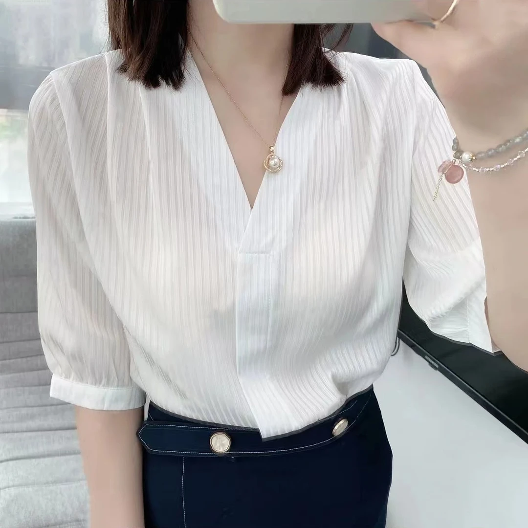 【清货】法式高端设计感V领百褶气质优雅百搭短袖DH871 衣长63
