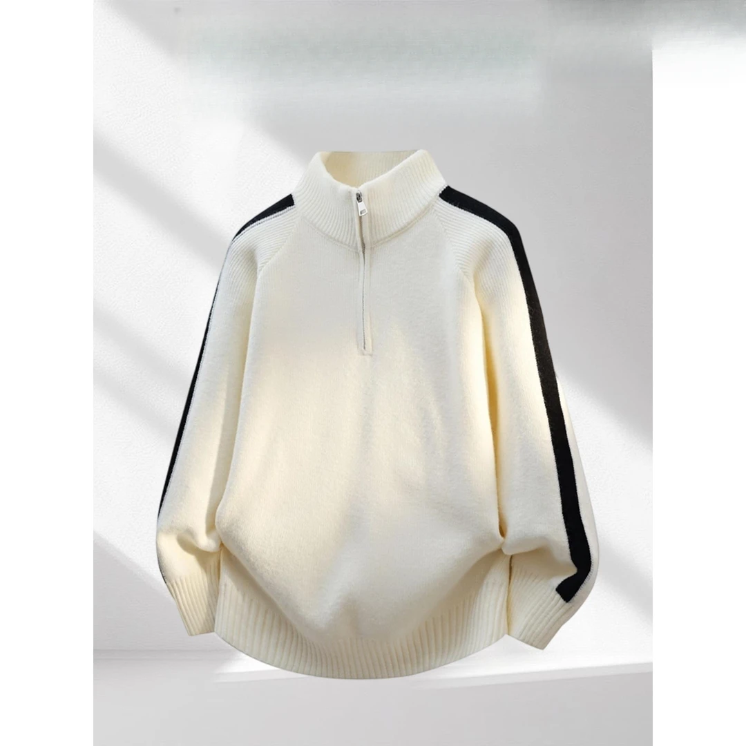 2025新款休闲运动风半拉炼立领毛衣男撞色立领山羊绒保暖毛衣