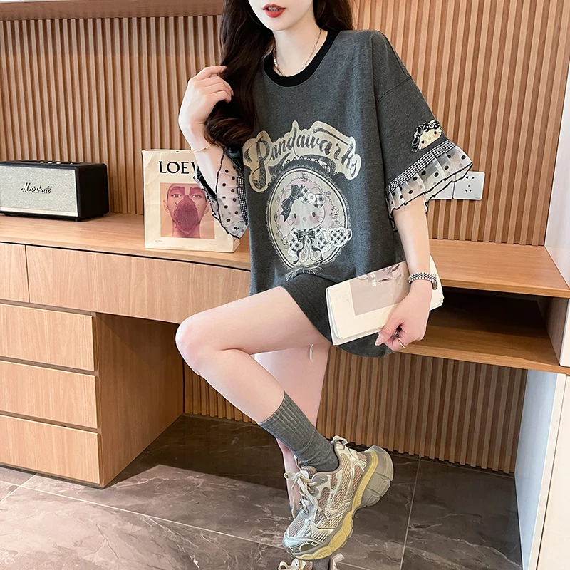 中长款宽松蕾丝拼接短袖T恤女夏季新款韩版时尚小众休闲纯棉上衣