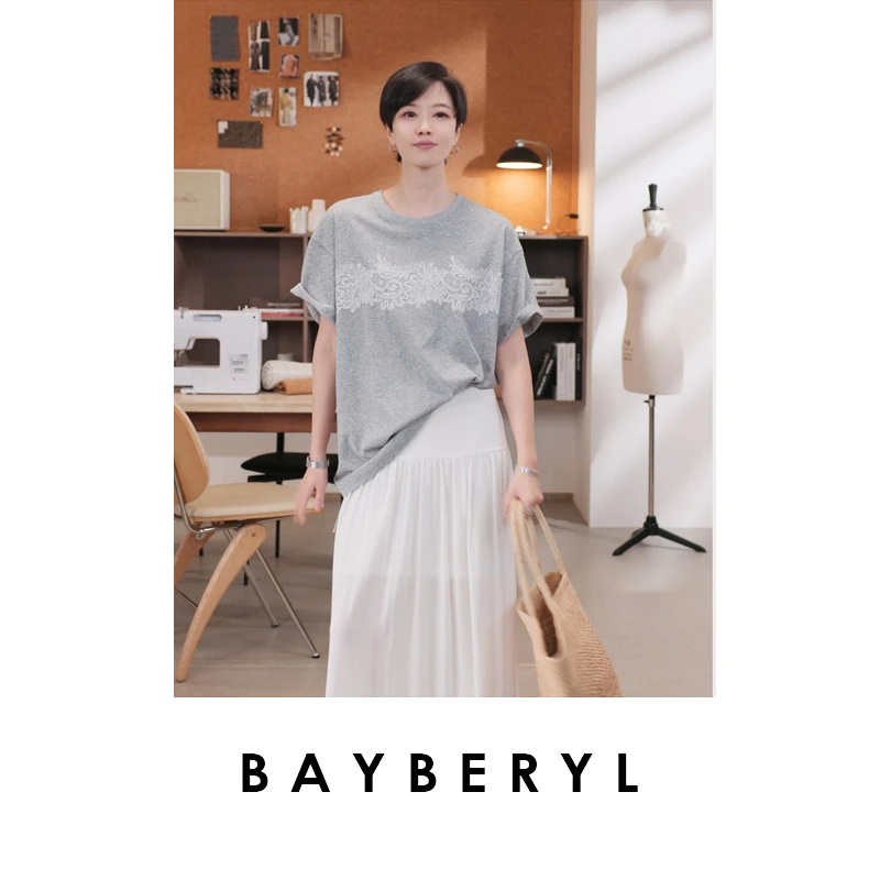 BAYBERYL老贝蕾丝T*时尚拼接圆领短袖宽松百搭T恤NT5G0221