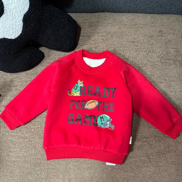 男童卫衣秋冬加绒加厚红色圆领套头洋气冬装保暖上衣童装