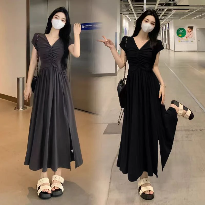 （80-200斤）大码法式连衣裙夏季小黑裙胖MM显瘦赫本风开叉裙子1903