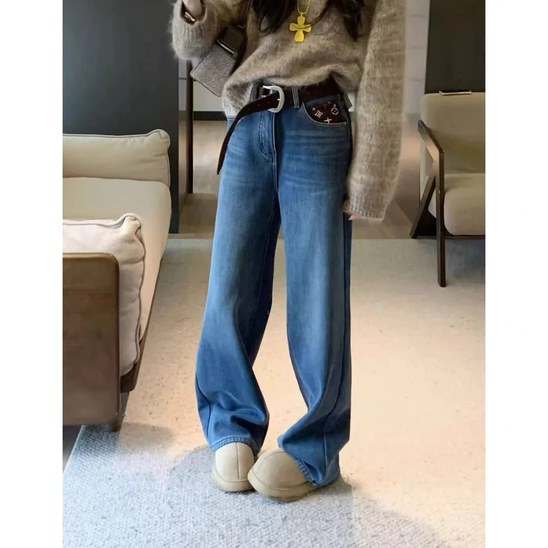 2925冬季新款高腰直筒牛仔裤女拼接口袋加绒加厚遮胯显瘦阔腿长裤