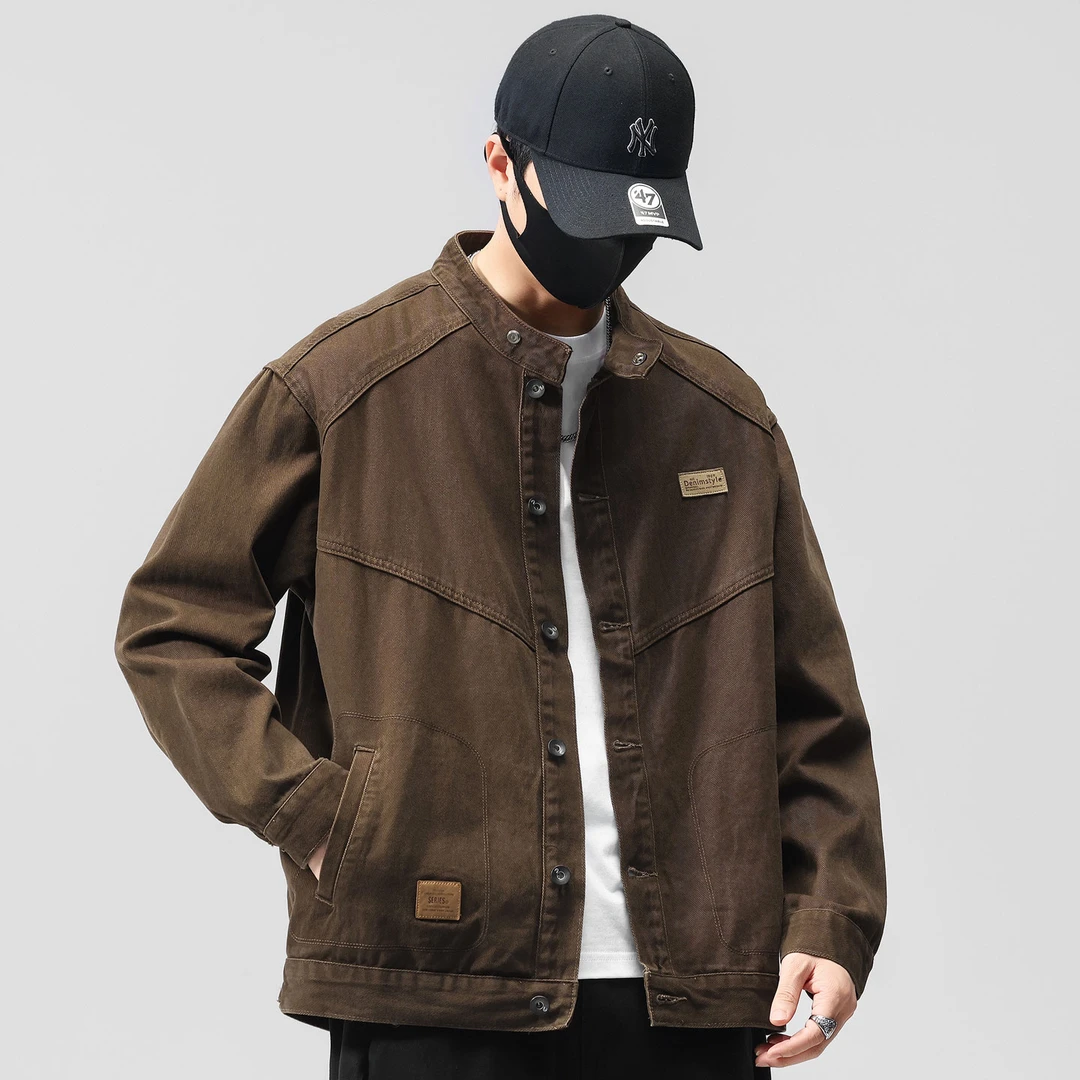 秋季新款高级感痞帅立领牛仔外套男春秋款宽松工装复古纯棉夹克潮