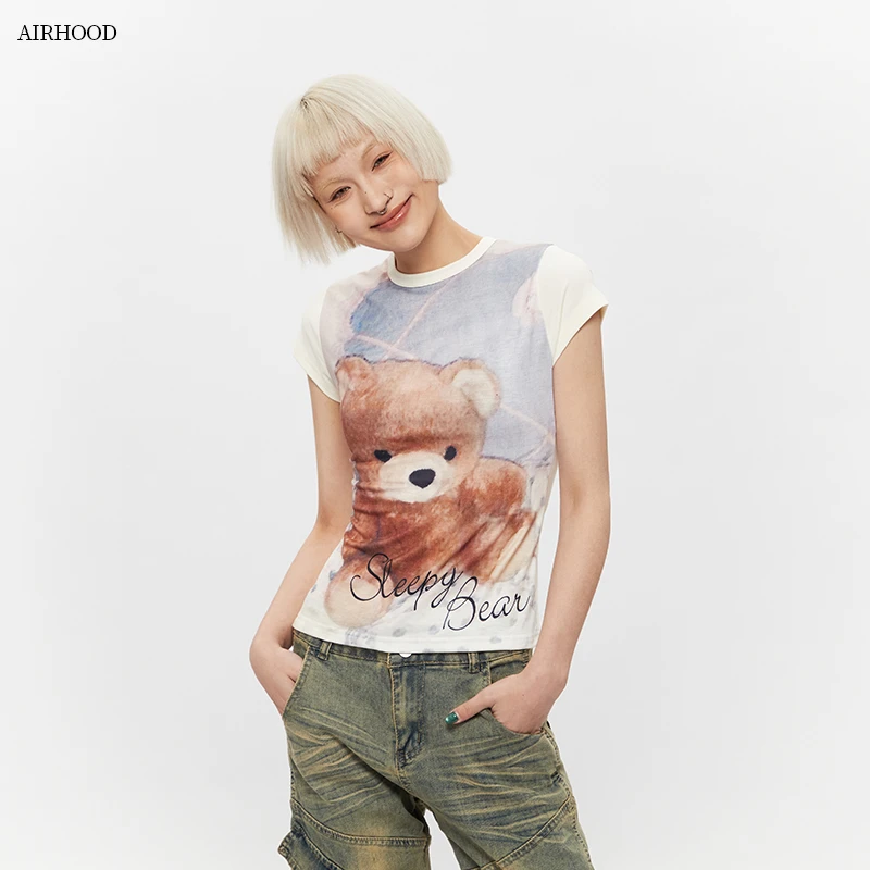 AIRHOOD 25夏季欧美新款潮流T恤3D印花小熊图案圆领短袖上衣N5191