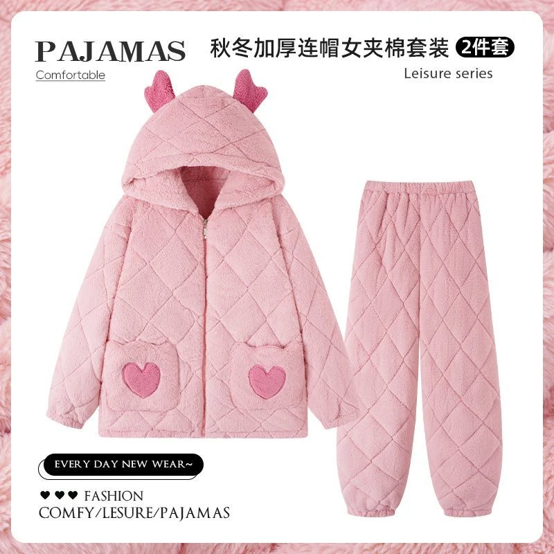 连帽长毛绒睡衣女款爱心三层夹棉珊瑚绒冬季加绒加厚款家居服外穿