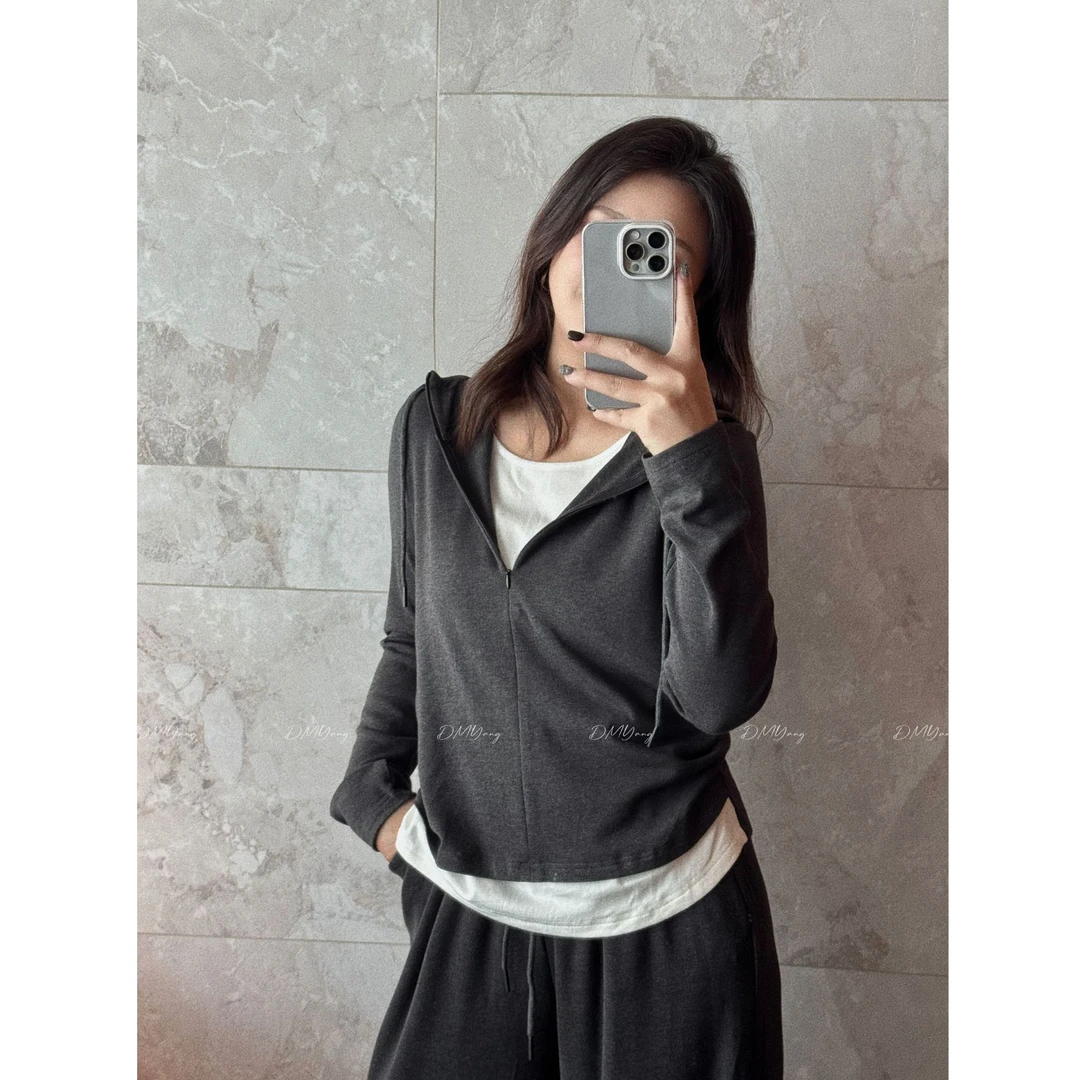连帽假两件敲显瘦休闲上衣+长裤两件套装DMY1578
