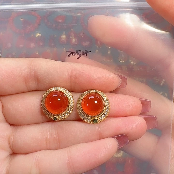 南红玛瑙银S925镶嵌耳饰