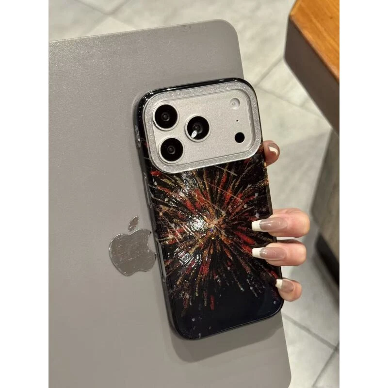 冬日ins黑底闪粉烟花适用于iphone17promax苹果16pr手机壳15p新款