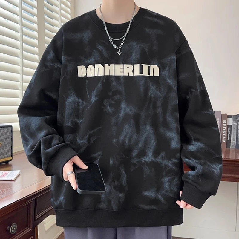 美式扎染卫衣男秋冬款圆领长袖t恤男宽松上衣服青少年痞帅打底衫T