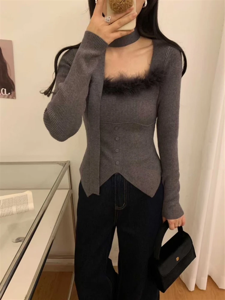 纯欲风毛毛方领挂脖毛衣女内搭秋冬独特别致上衣不规则针织打底衫