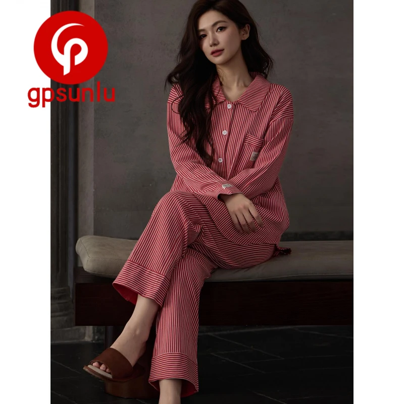 GPsunlu2026新款女士睡衣春秋季纯棉长袖长裤时尚简约家居服套装