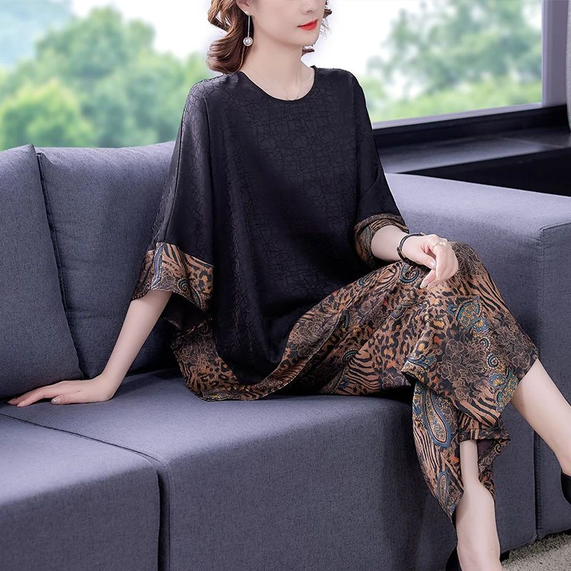 加肥加大码套装夏季新款妈妈装高档阔腿裤两件套显瘦宽松大码女装