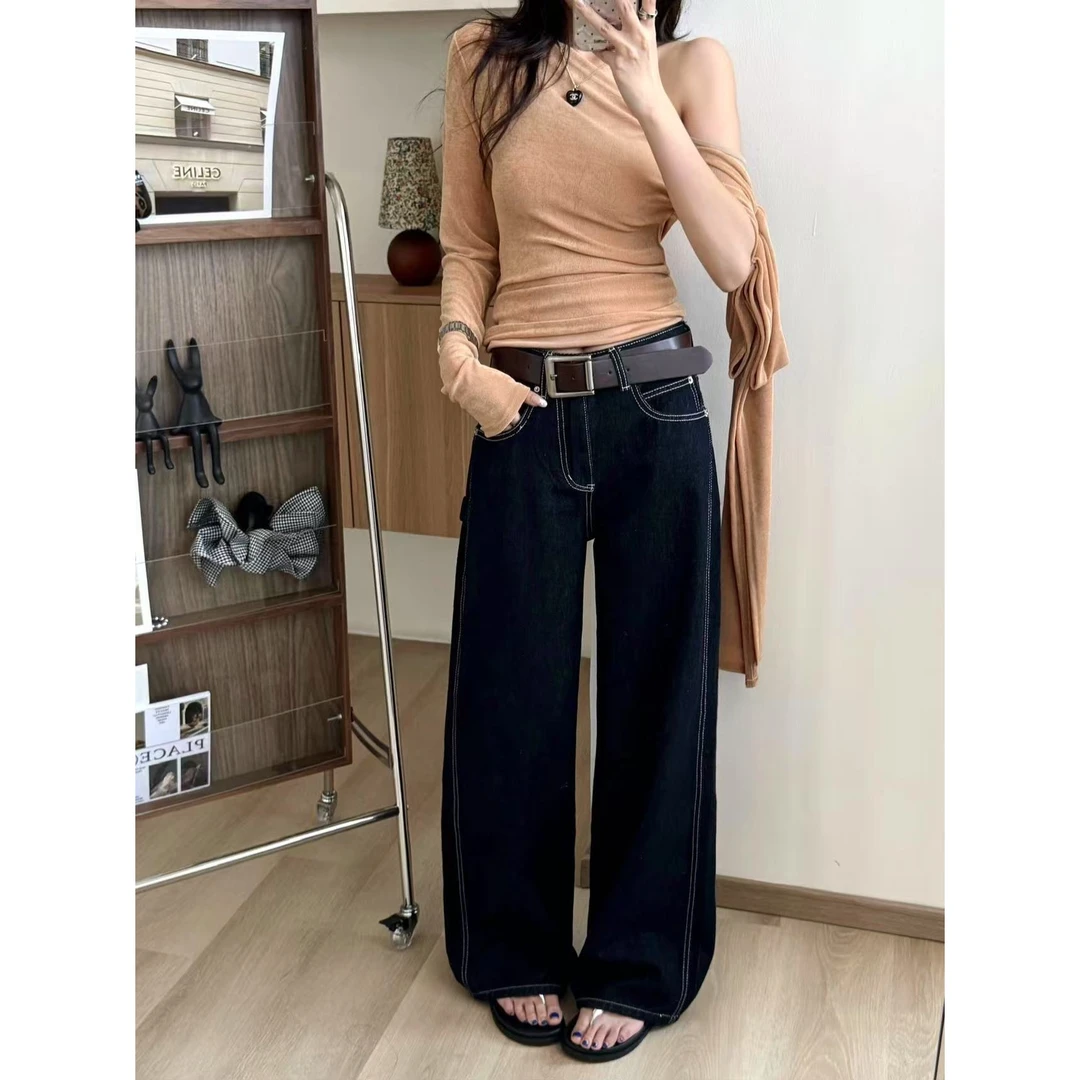 SP一条可以搭配所有衣服的 黑牛仔直筒阔裤 秋季深色牛仔裤配皮带