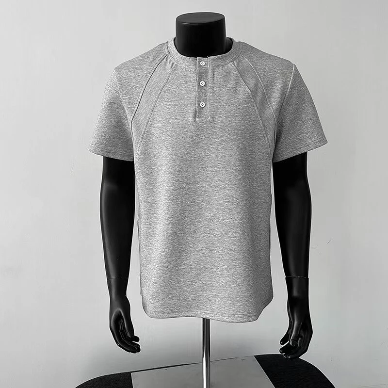 爆款液氨棉三颗扣亨利领短袖T恤男士正肩领太空棉t恤夏季穿搭男款