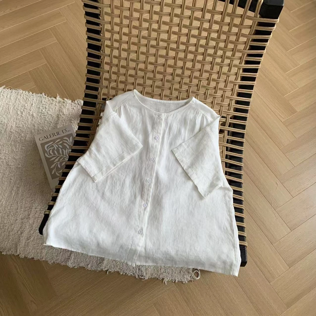 素心轻奢 2025夏季新款简约纯色短袖衬衫纯亚麻单排扣小衫女13373