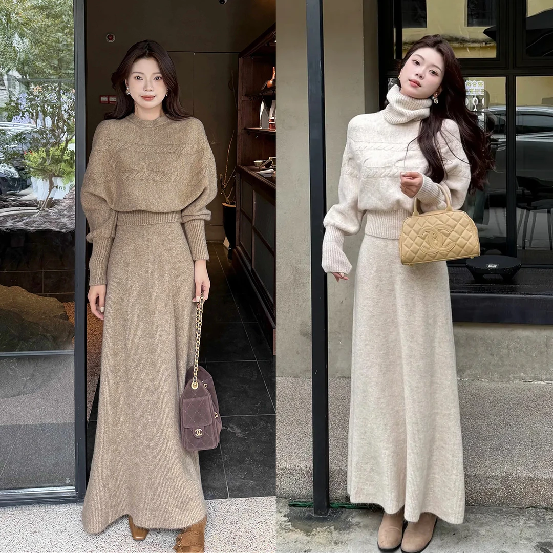 2025冬季新款慵懒感针织三件套装女可拆卸围脖+蝙蝠袖毛衣+半身裙