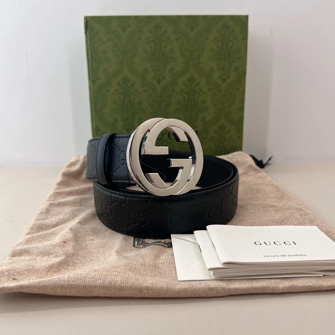 99新 GUCCI/古驰 经典复古男士双G平滑扣压纹皮革黑色二奢腰带