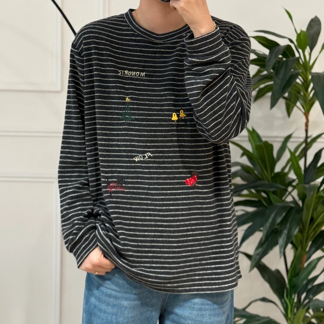 美亚恩NANA【动物园】卡通撞色刺绣条纹长袖圆领宽松C0112