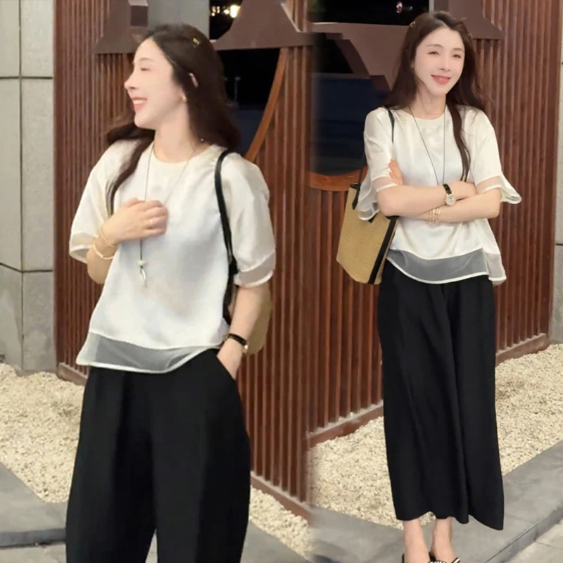 超火夏季穿搭一整套女2025新款网纱拼接短袖休闲阔腿裤裤两件套潮