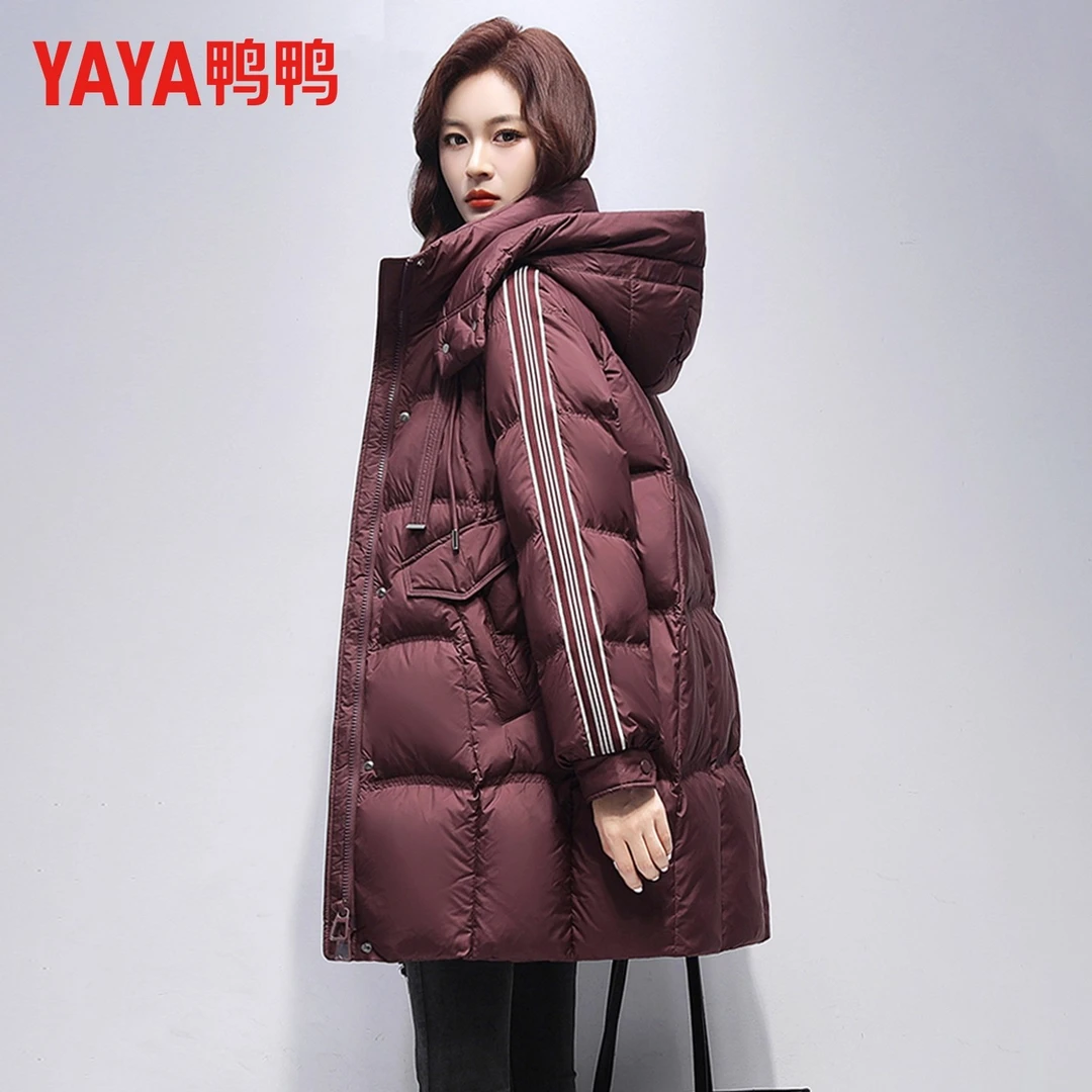 YAYA/鸭鸭大牌羽绒服女中长款2025新款连帽时尚百搭加厚保暖外套