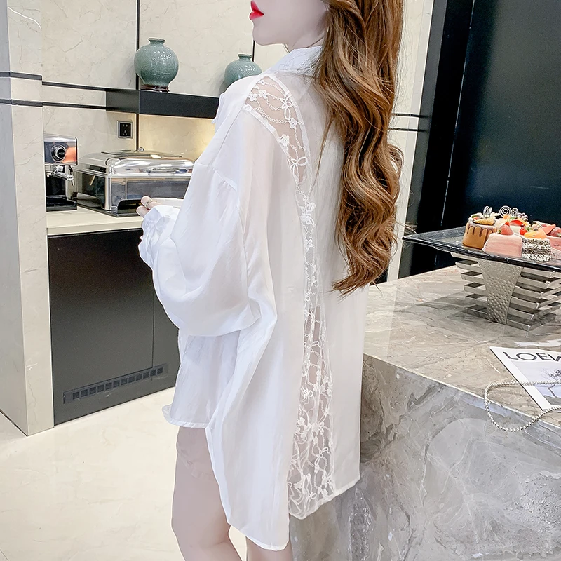 防晒衬衫白色春夏季韩系新款拼接设计感蕾丝薄款衬衣长袖宽松上衣