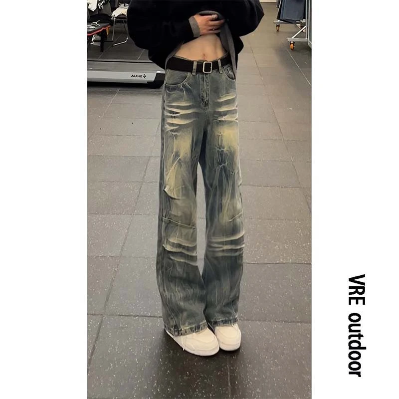 闪电裂纹水洗牛仔裤男直筒宽松阔腿美式高街裤子潮牌痞帅直筒长裤