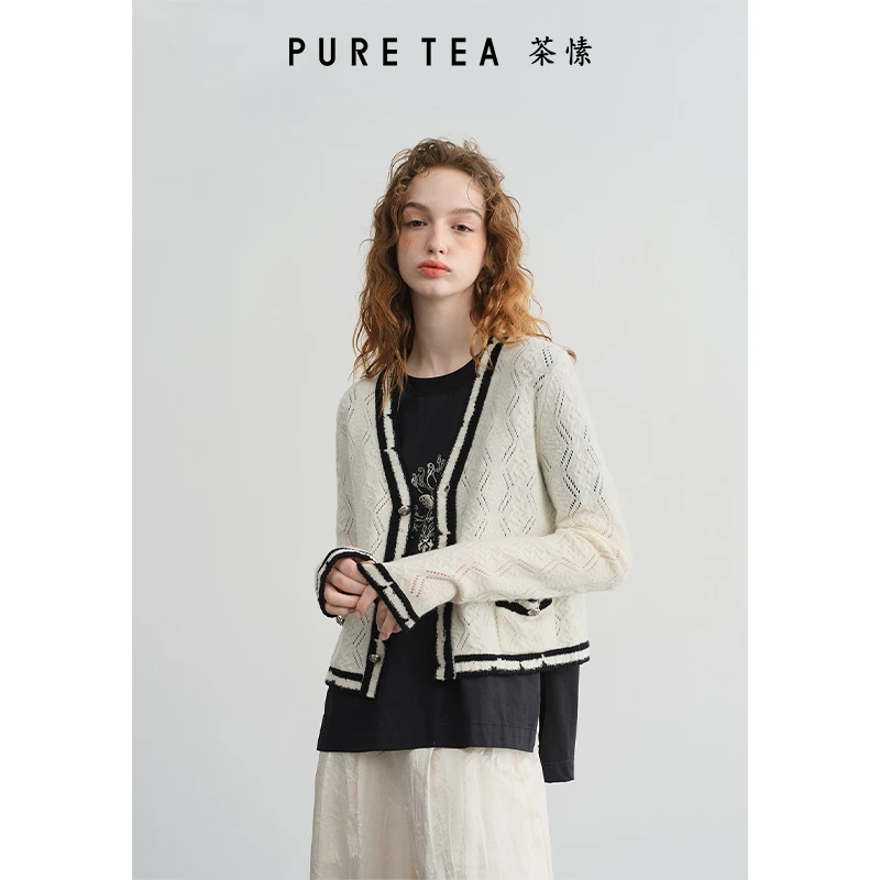 【千金小香风】针织毛衣外套女黑白撞色开衫KK0403D11