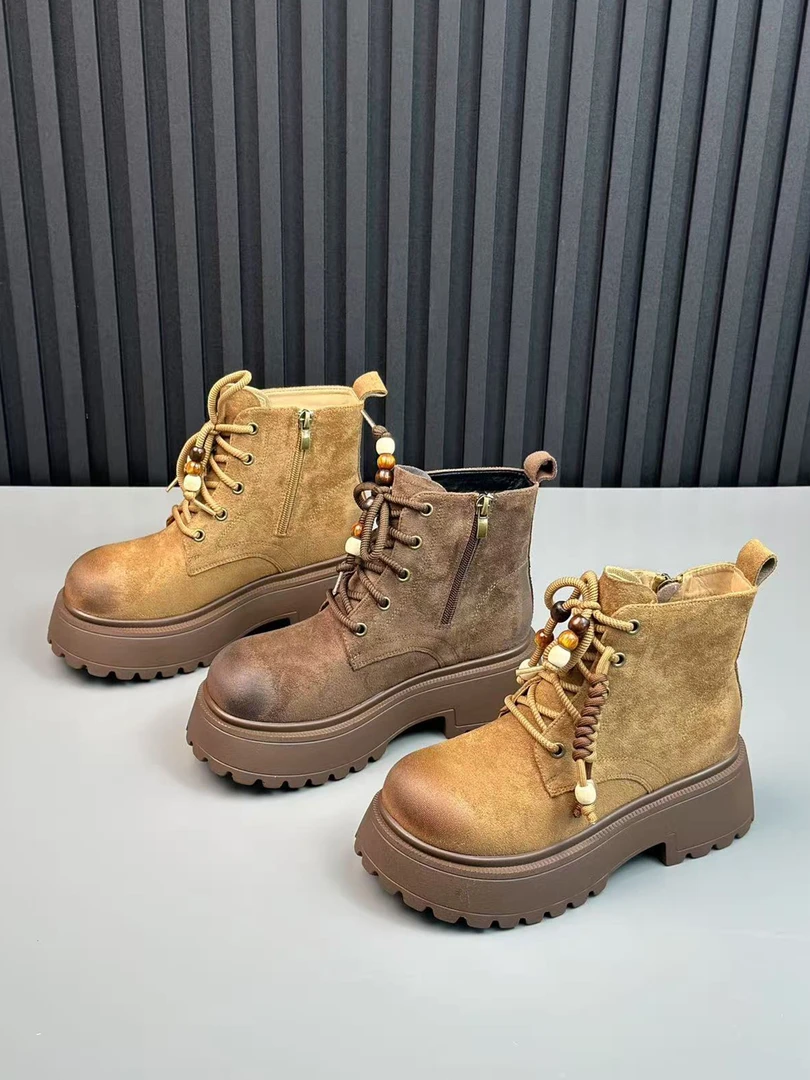 厚底增高真皮复古马丁靴女2025秋季新款串珠侧拉链短靴英伦风单靴